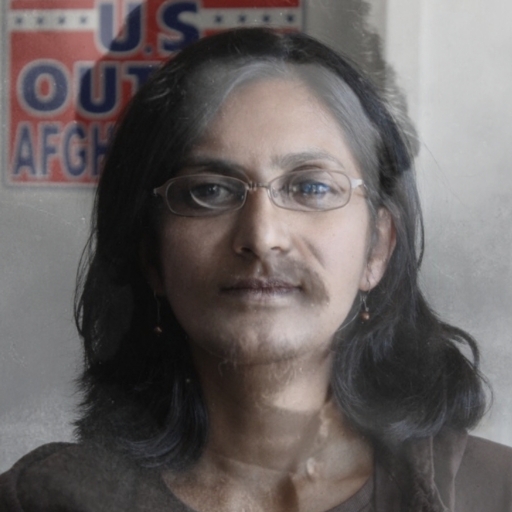 Kshama Sawant with a 50% transparency Leon Trotsky image overlaid, very low effort